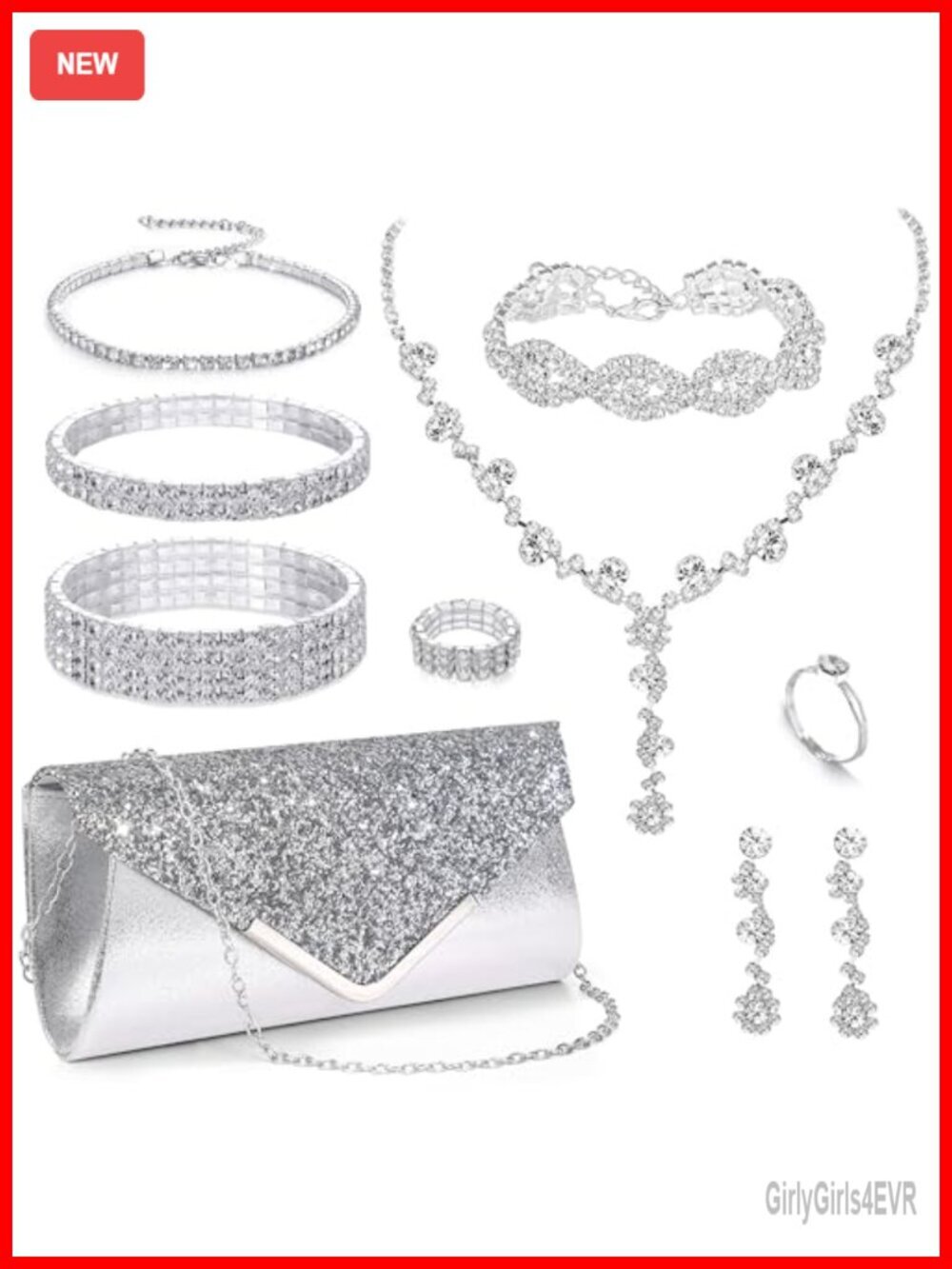 10-Piece Rhinestone Jewelry Set with Clutch Purse for Women Bride Wedding Prom
